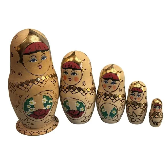 Vintage Russian Matryoshka Nesting Dolls 5 Pc Hand Painted Signed 6.5" - Picture 1 of 5